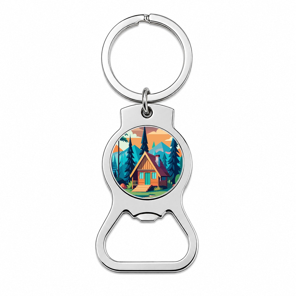 Cabin in the Forest Rustic Log Bottle Opener Keychain