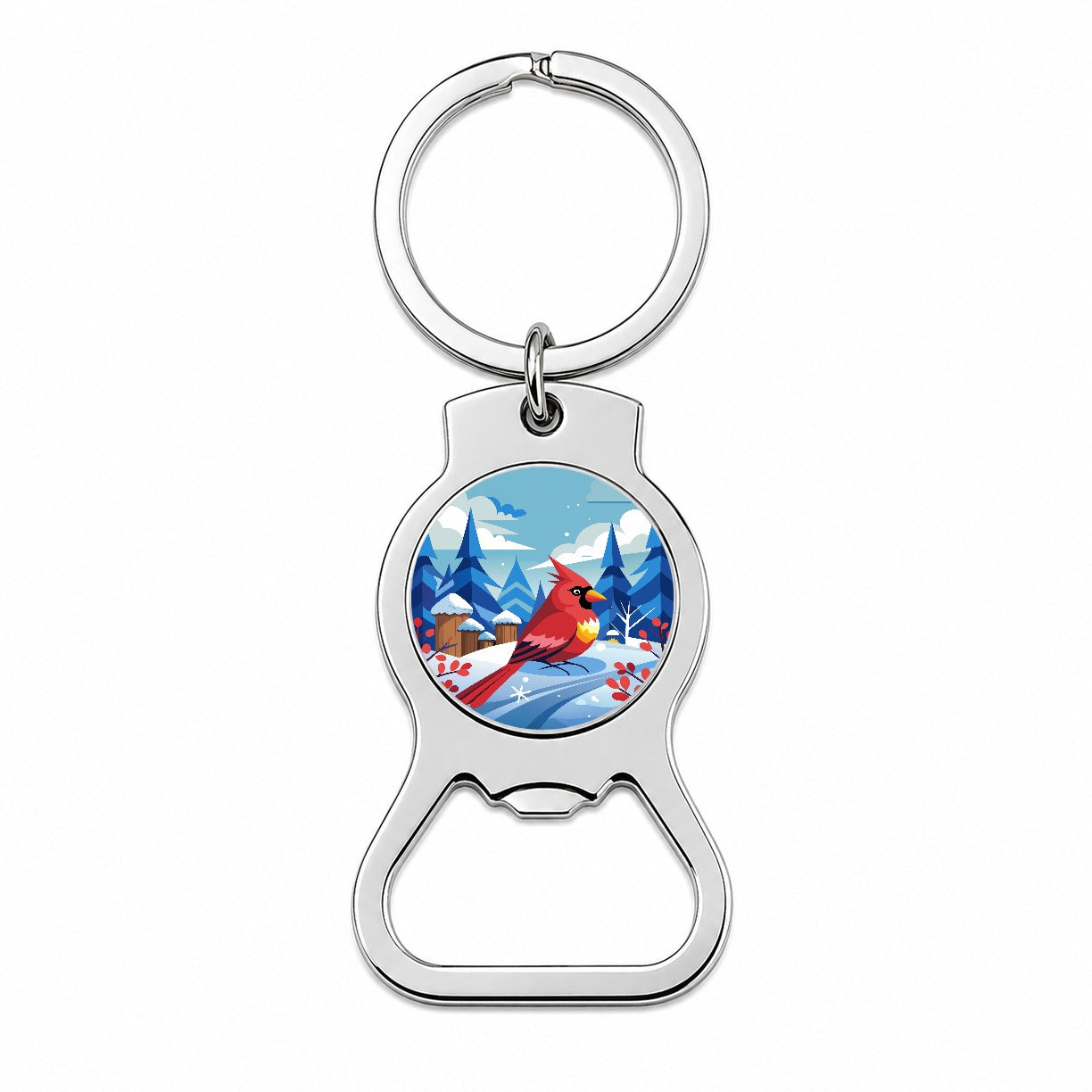 Cardinal in Winter Snow Scene Bottle Opener Keychain