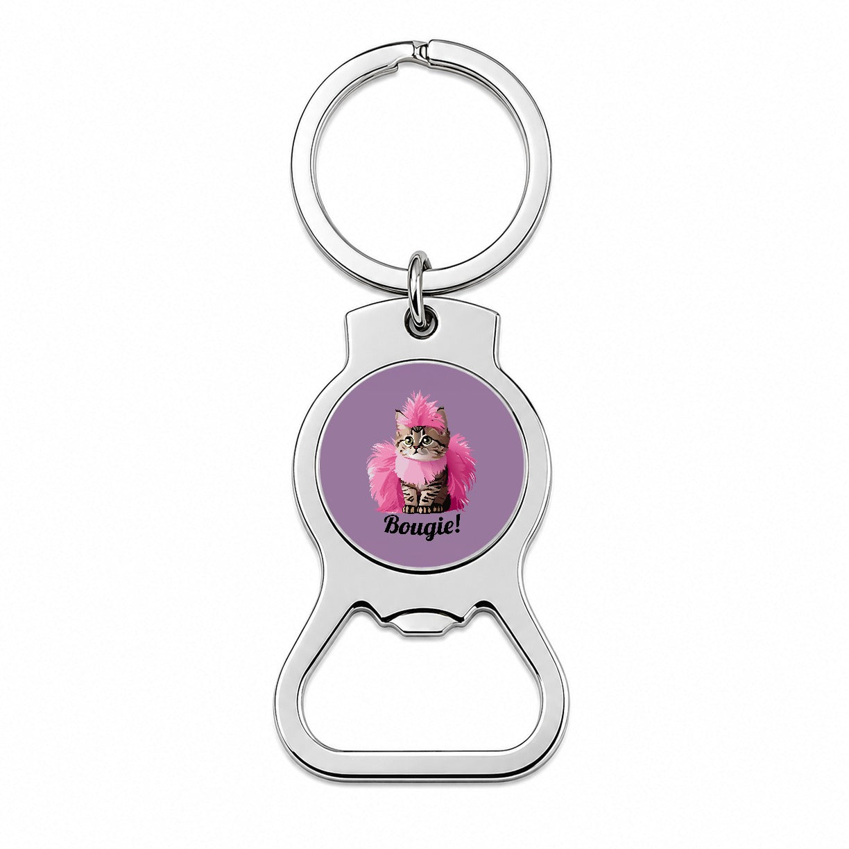 Cat Bougie Funny Pink Feather Boa Bottle Opener Keychain