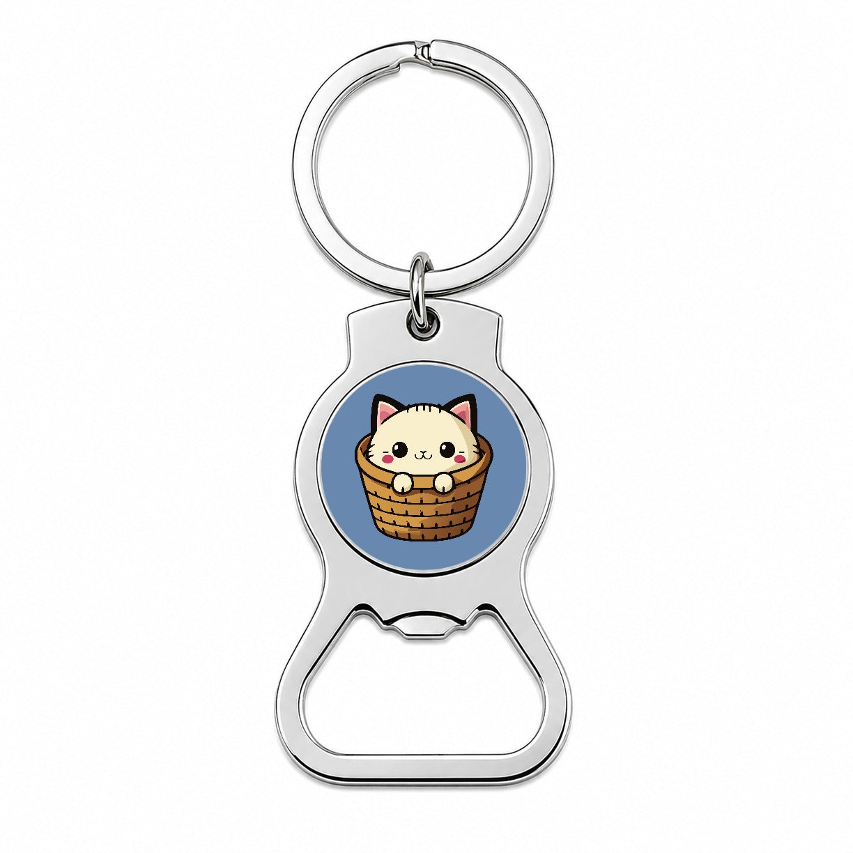 Cat Cute Chibi in Basket Bottle Opener Keychain