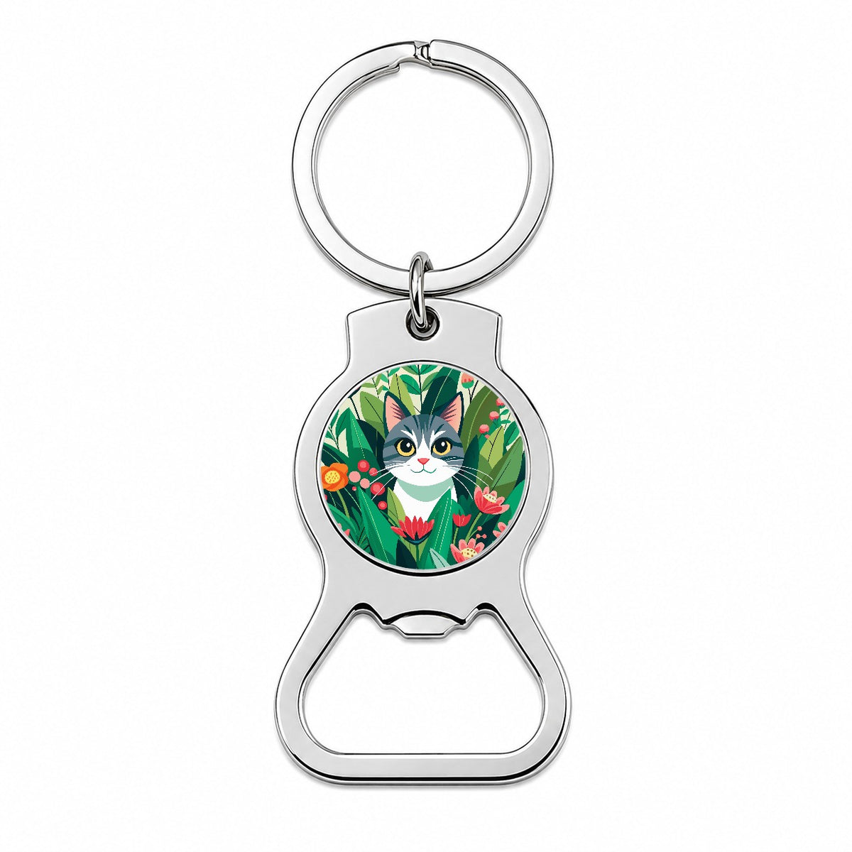 Cat Hiding in Flower Garden Bottle Opener Keychain