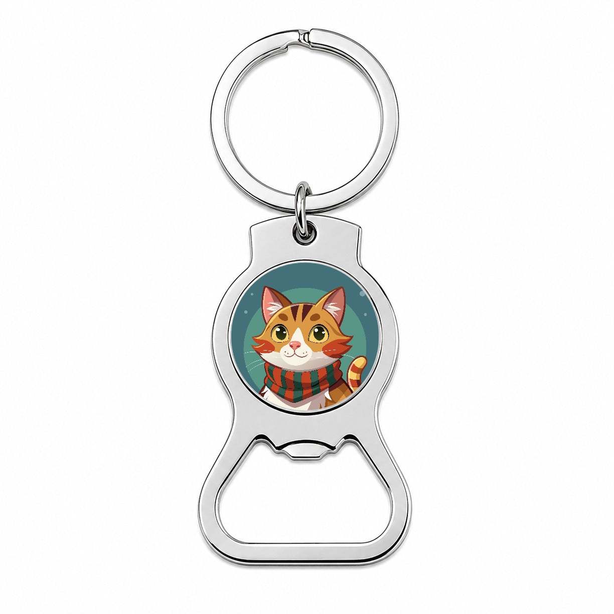 Cat Tabby Wearing Winter Scarf Bottle Opener Keychain