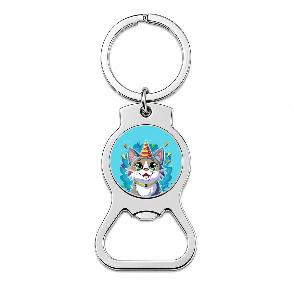 Cat Wearing Birthday Hat Bottle Opener Keychain