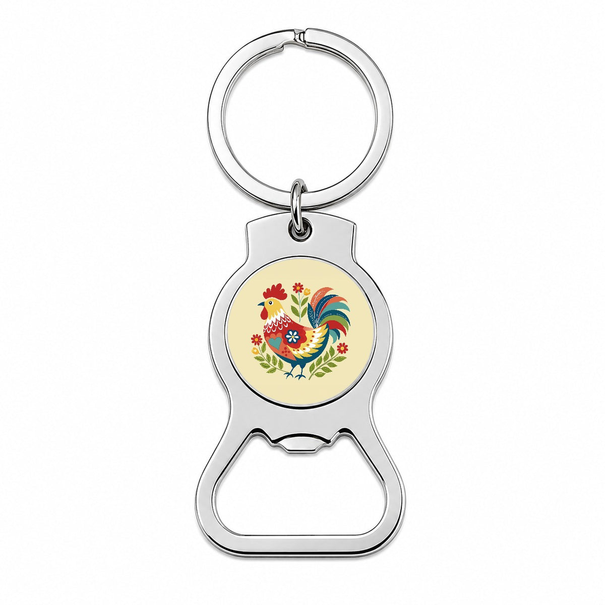 Chicken Rooster Flowers Bottle Opener Keychain