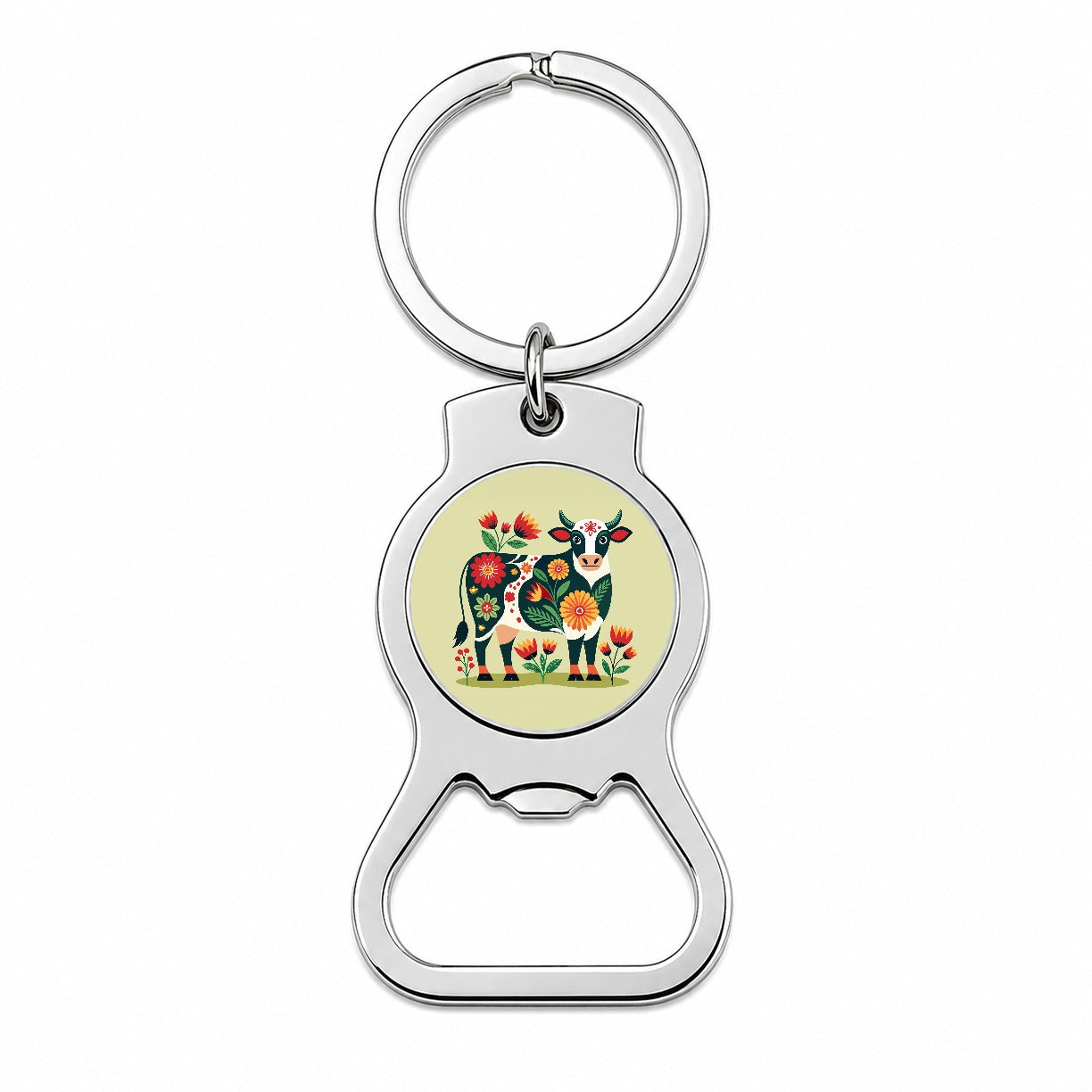 Cow Floral Motif Bottle Opener Keychain