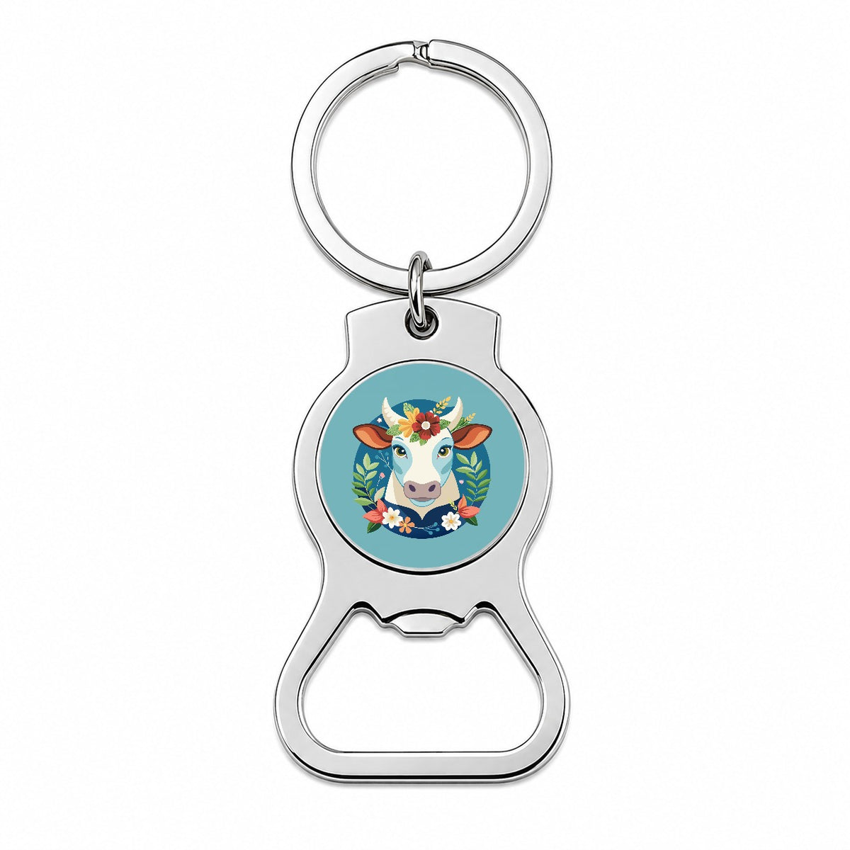 Cow Head Floral Flowers Bottle Opener Keychain