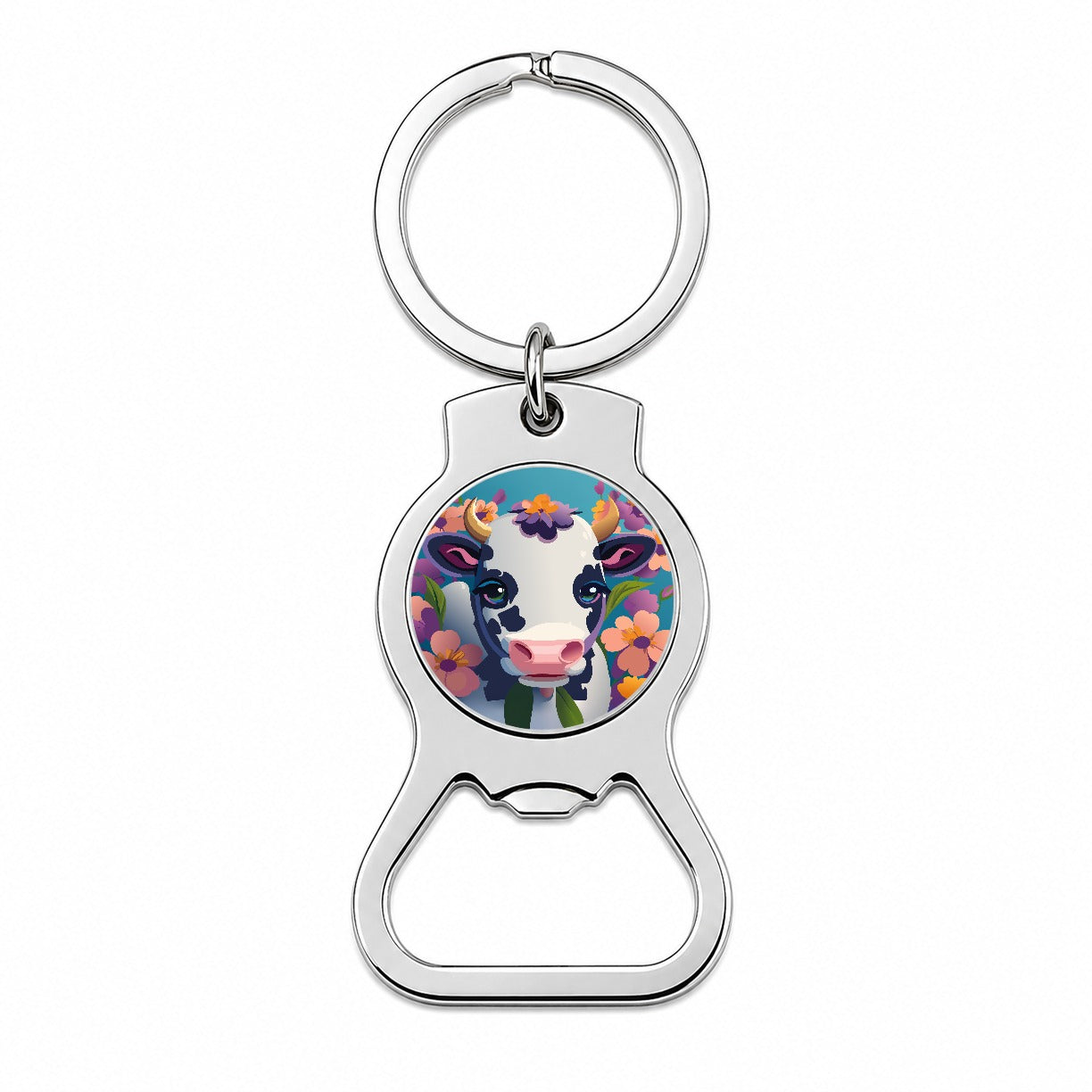 Cow with Flowers Bottle Opener Keychain