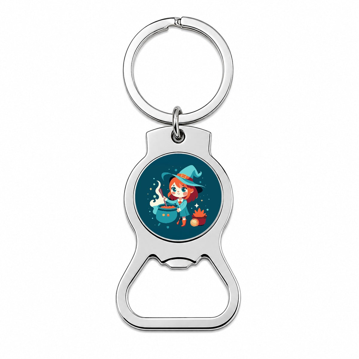 Cute Witch Stirring Cauldron Halloween Bottle Opener Keychain