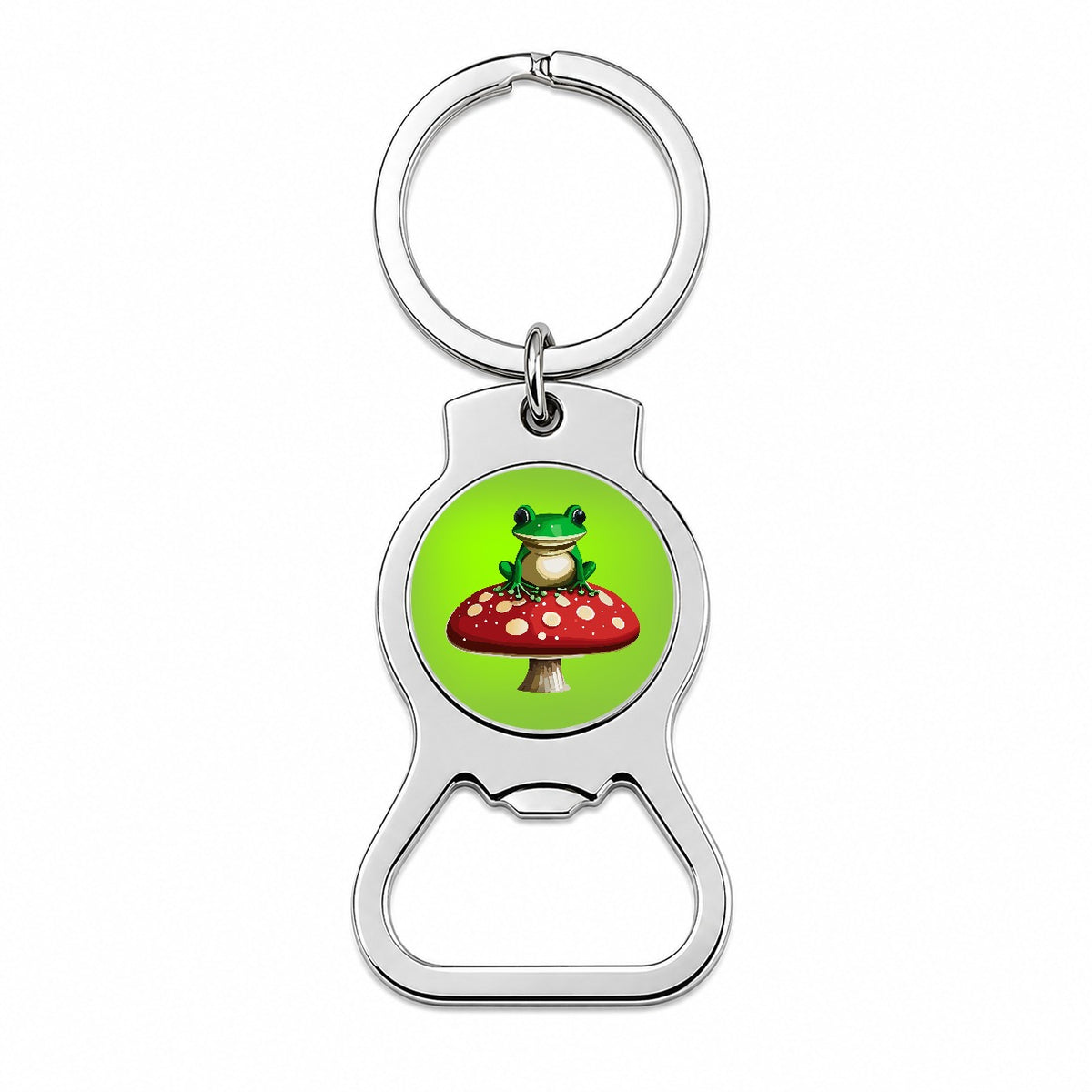 Frog on Red Toadstool Mushroom Bottle Opener Keychain