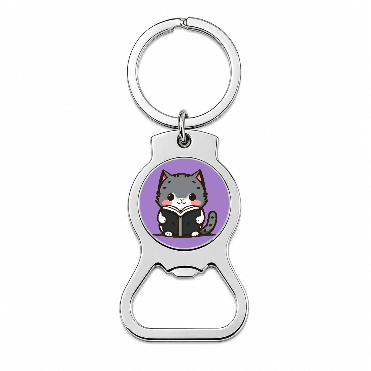 Gray Cat Reading Book Bottle Opener Keychain