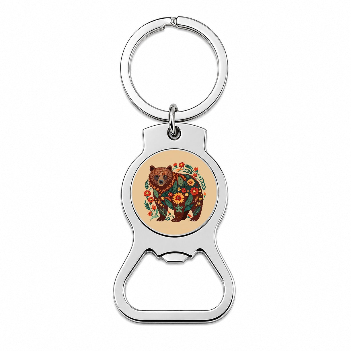 Grizzly Bear Floral Motif Bottle Opener Keychain