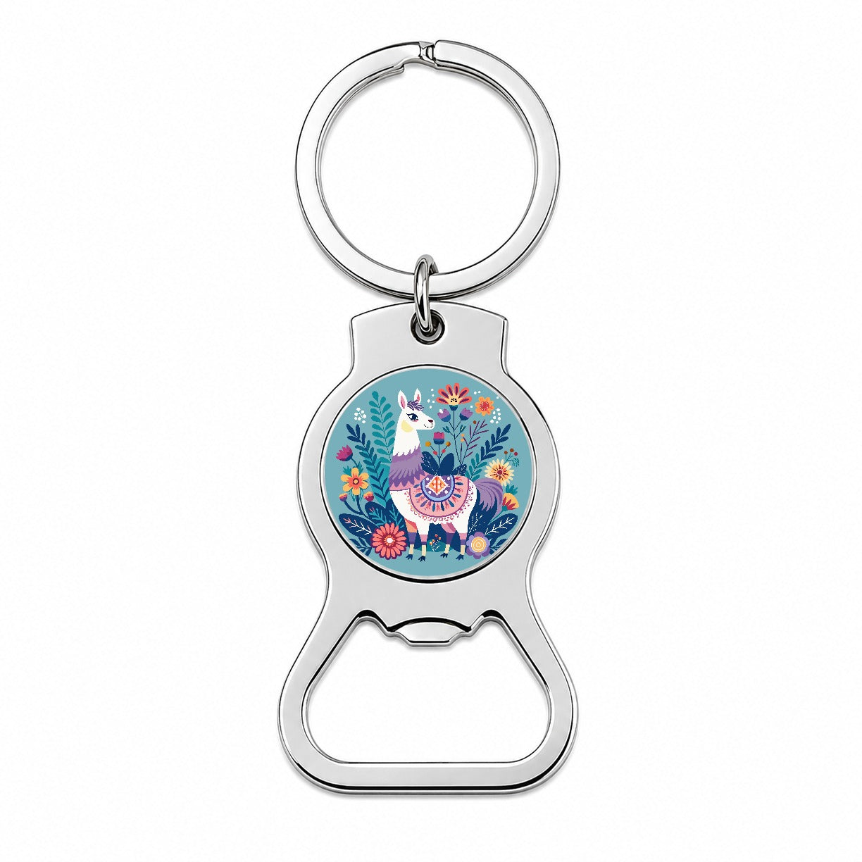 Llama Alpaca Floral Flowers Bottle Opener Keychain