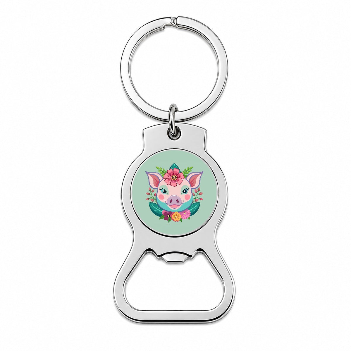 Pig Head Floral Flowers Bottle Opener Keychain