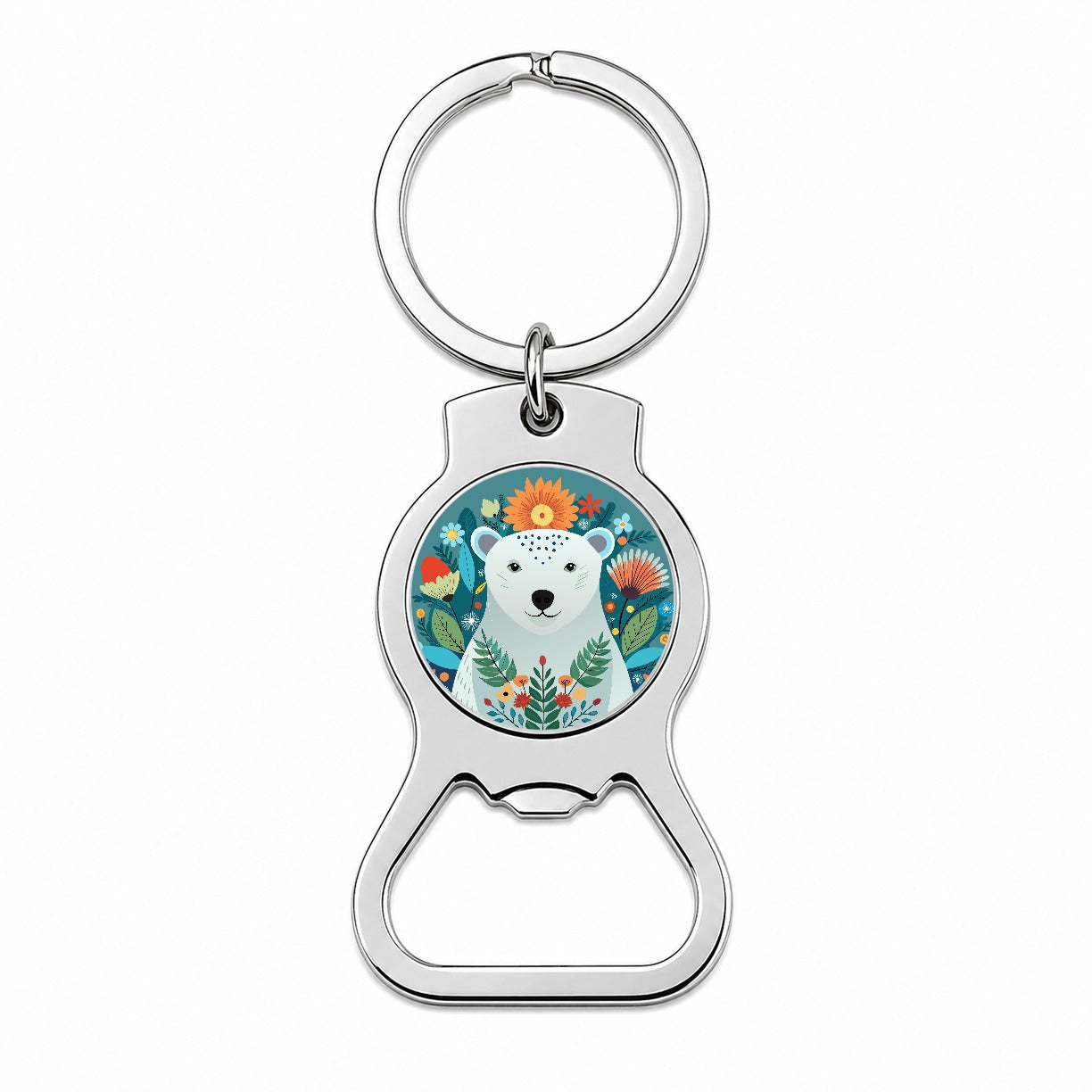 Polar Bear Floral Flowers Bottle Opener Keychain