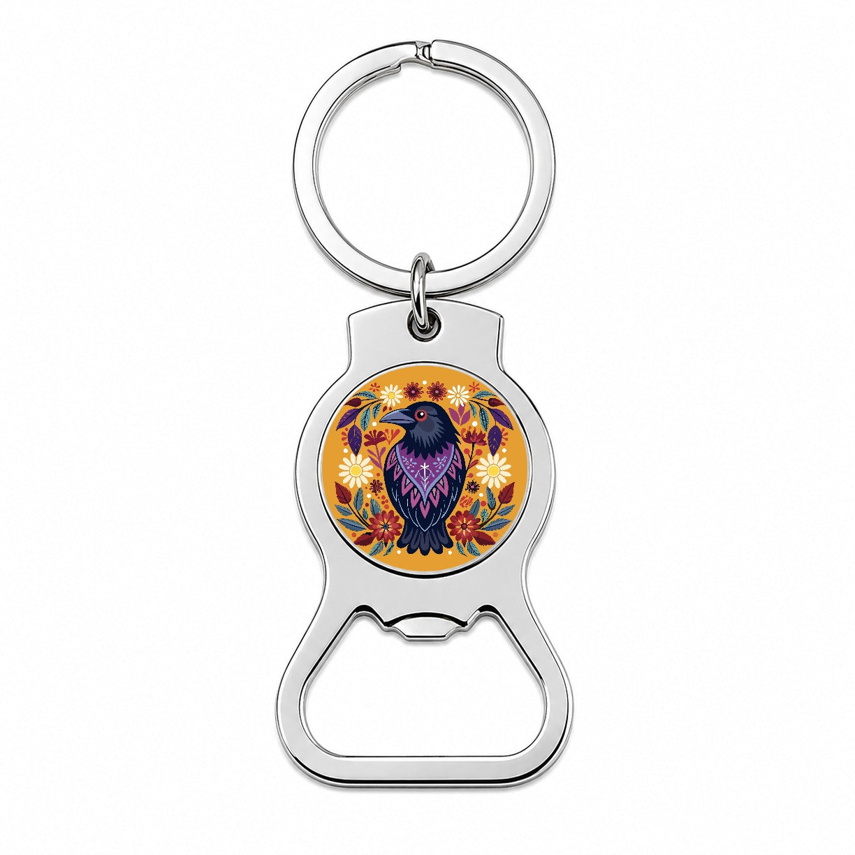 Raven Bird Floral Flowers Bottle Opener Keychain