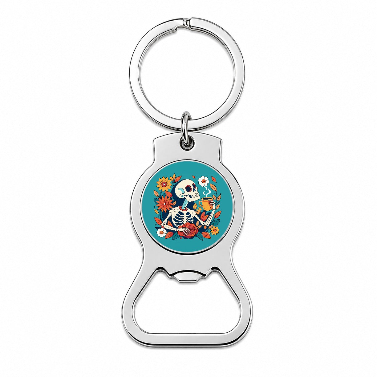 Skeleton Drinking Coffee Funny Floral Flowers Bottle Opener Keychain