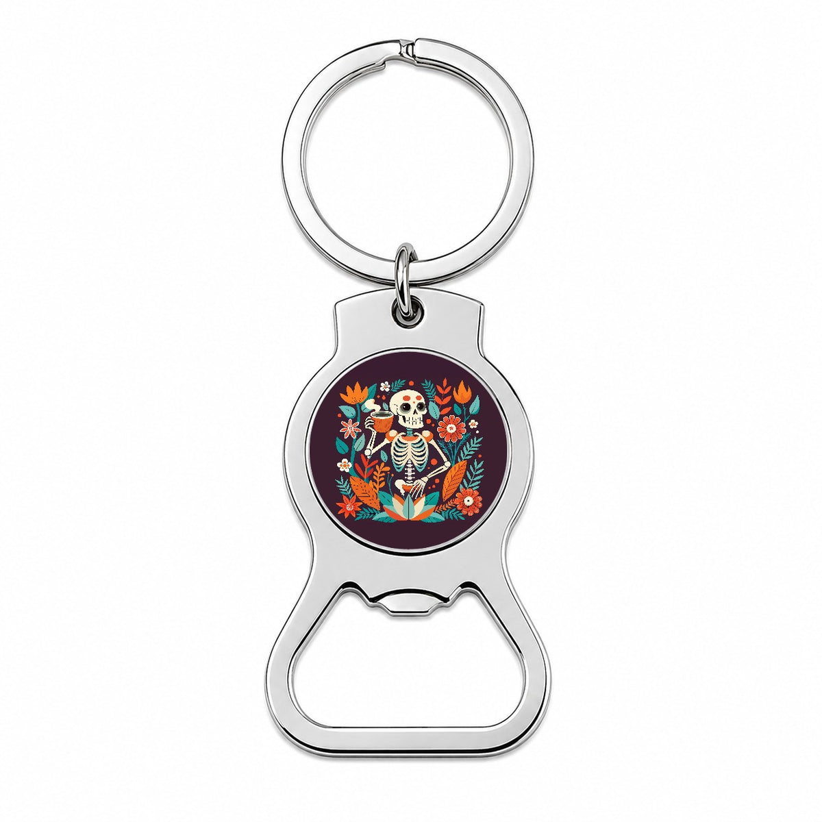 Skeleton Drinking Tea Funny Floral Flowers Bottle Opener Keychain