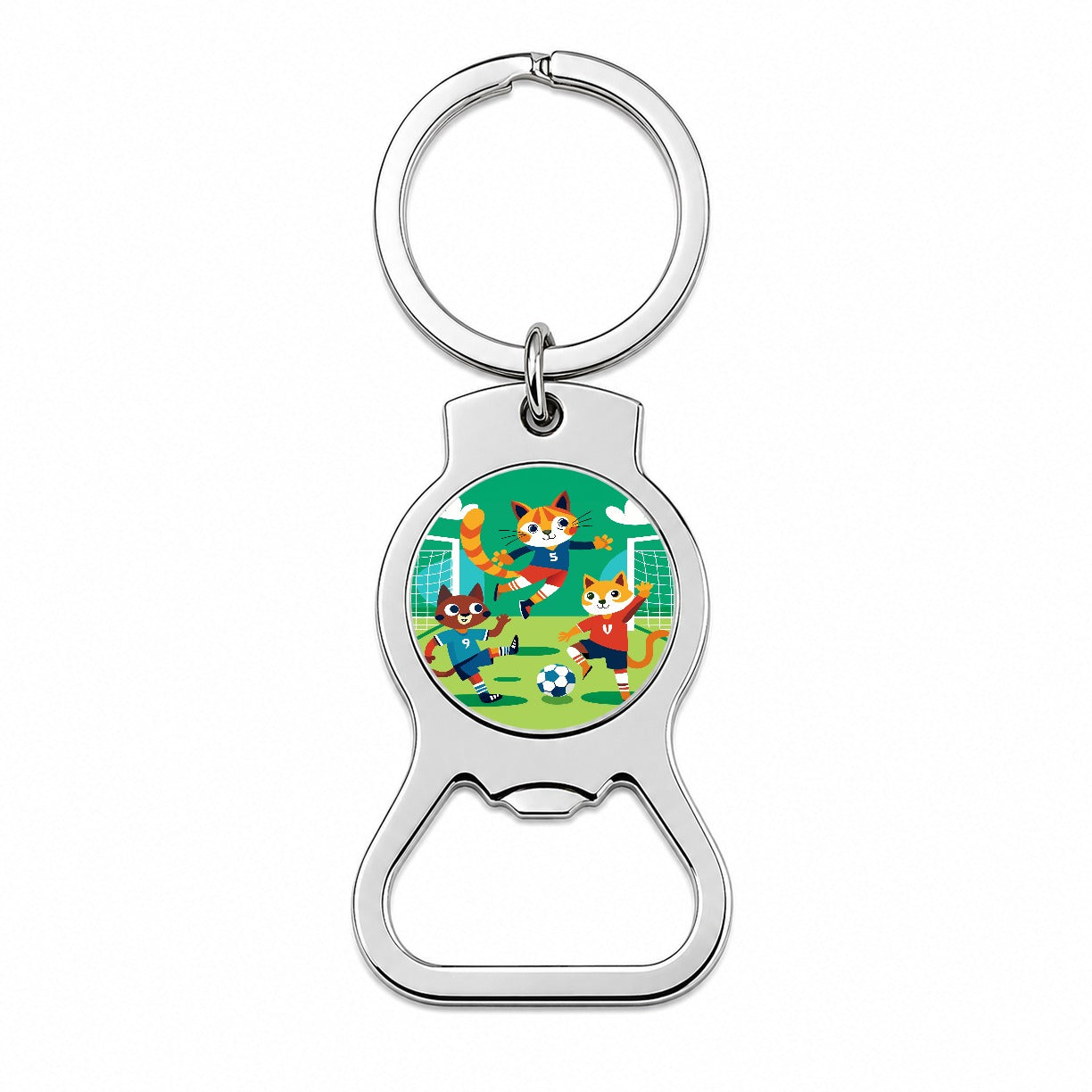 Soccer Cats Playing Ball Field Bottle Opener Keychain