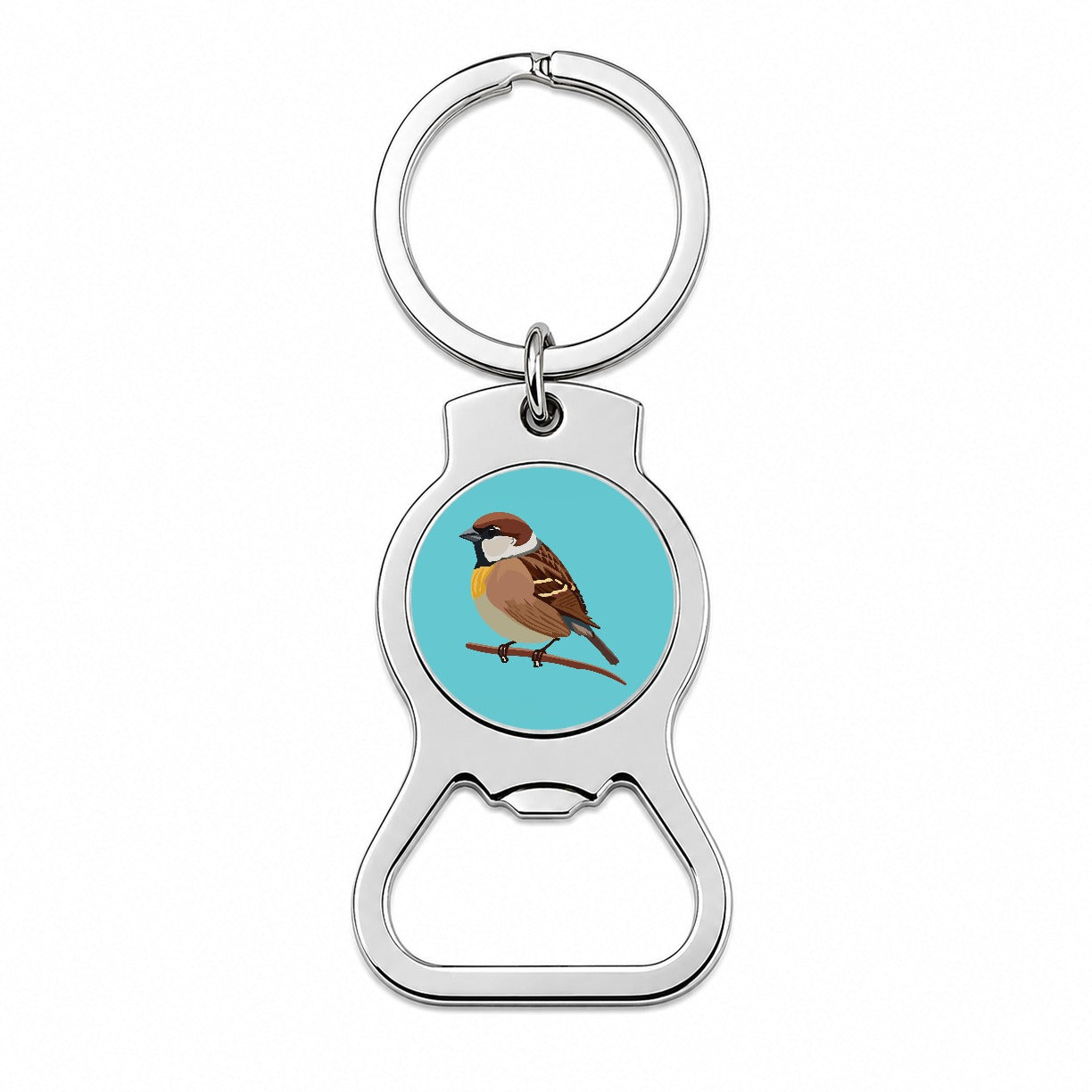 Sparrow Bird on Branch Bottle Opener Keychain