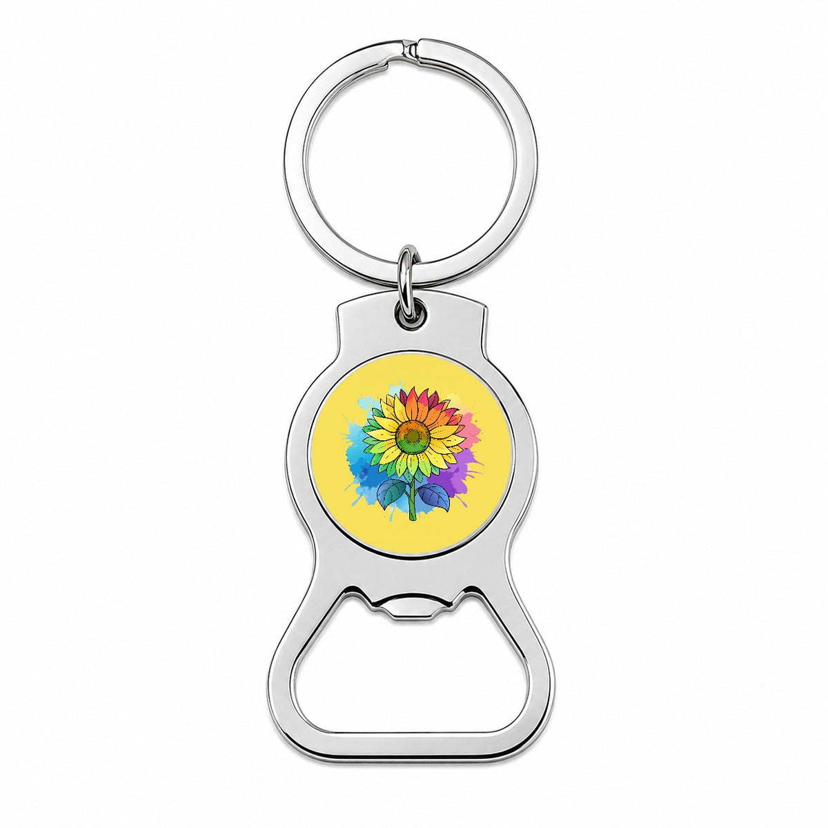 Sunflower Rainbow Watercolor Bottle Opener Keychain