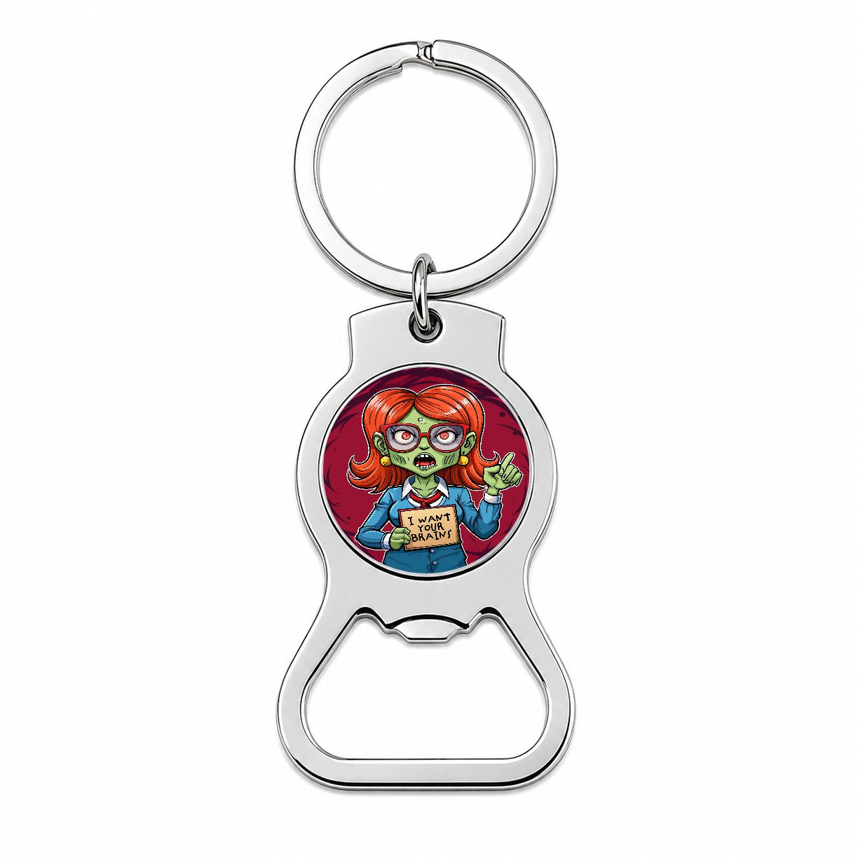 Teacher Zombie Woman I Want Your Brains Bottle Opener Keychain