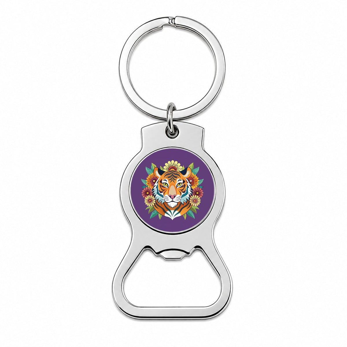 Tiger Head Floral Flowers Bottle Opener Keychain