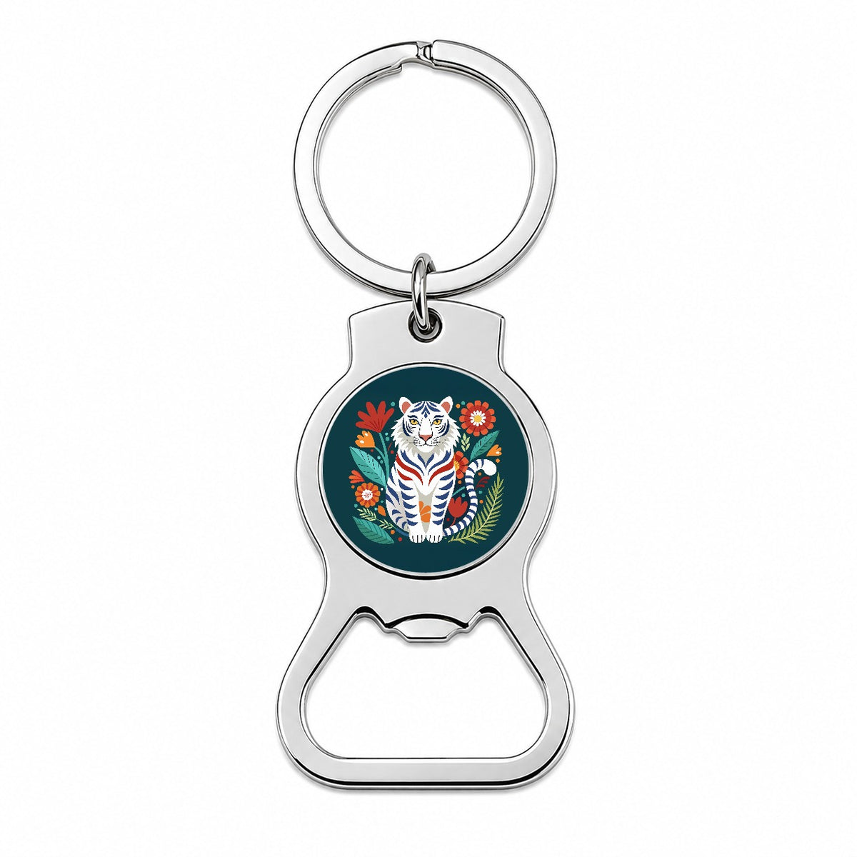 White Tiger Floral Flowers Bottle Opener Keychain