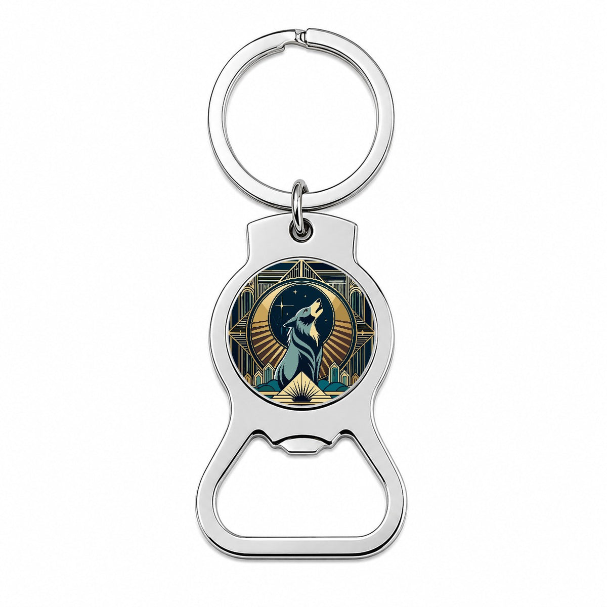Wolf Howling at Moon Art Deco Bottle Opener Keychain