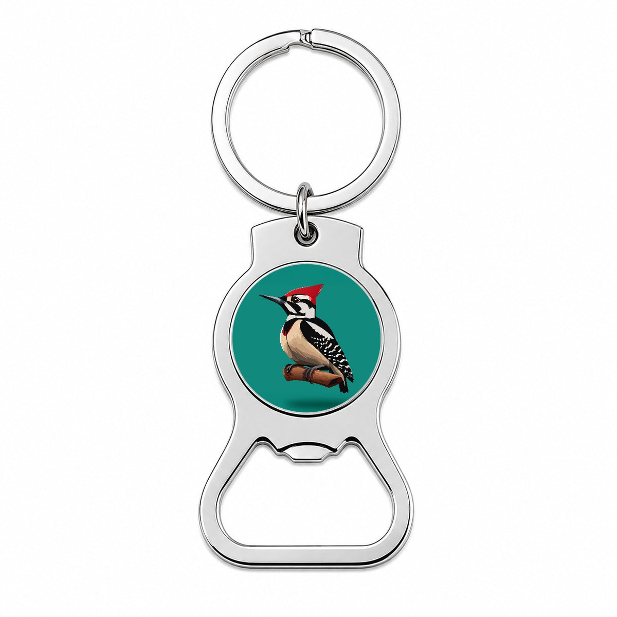 Woodpecker Bird on Branch Bottle Opener Keychain