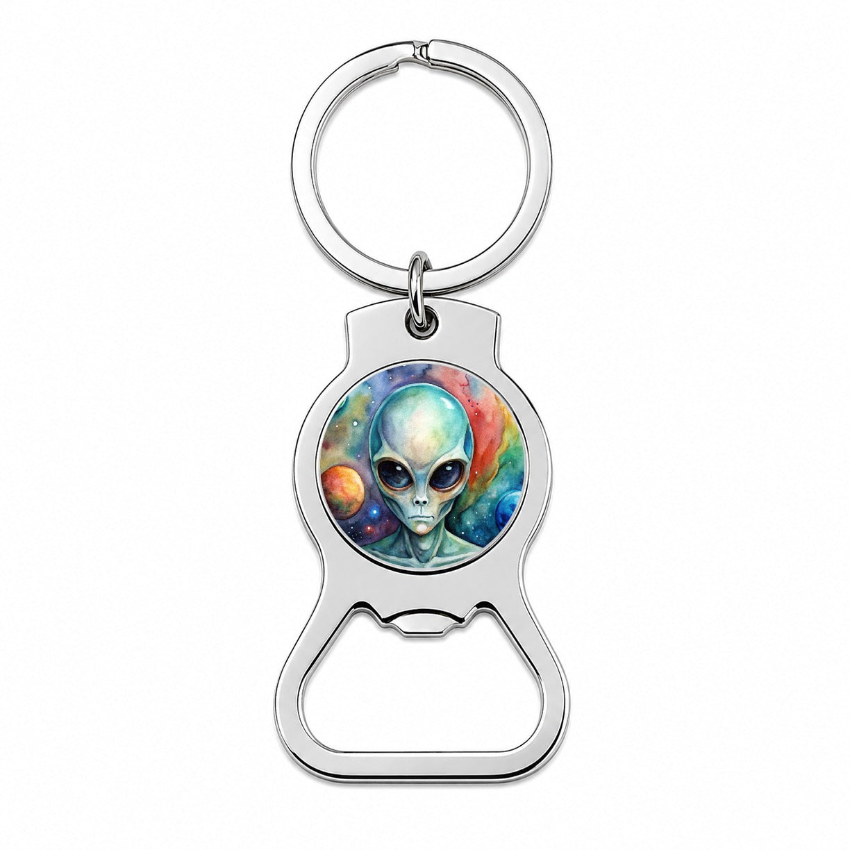 Alien In Space Watercolor Bottle Opener Keychain