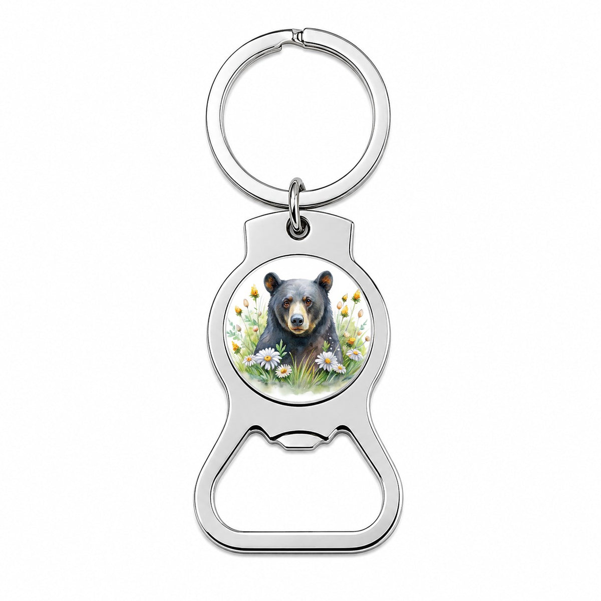 Black Bear Watercolor Design With Daisies Bottle Opener Keychain