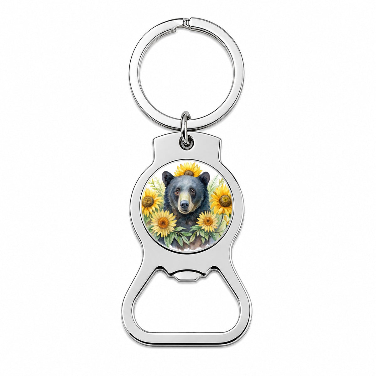 Black Bear Watercolor Design With Sunflowers Bottle Opener Keychain