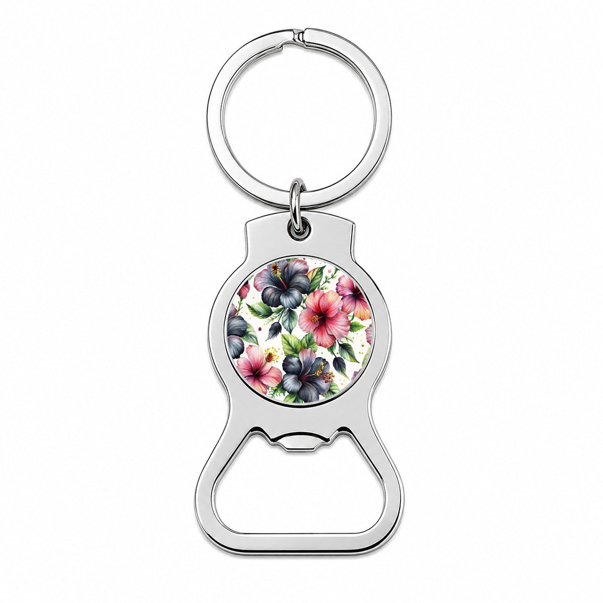 Black Pink Hibiscus Flowers Watercolor Bottle Opener Keychain
