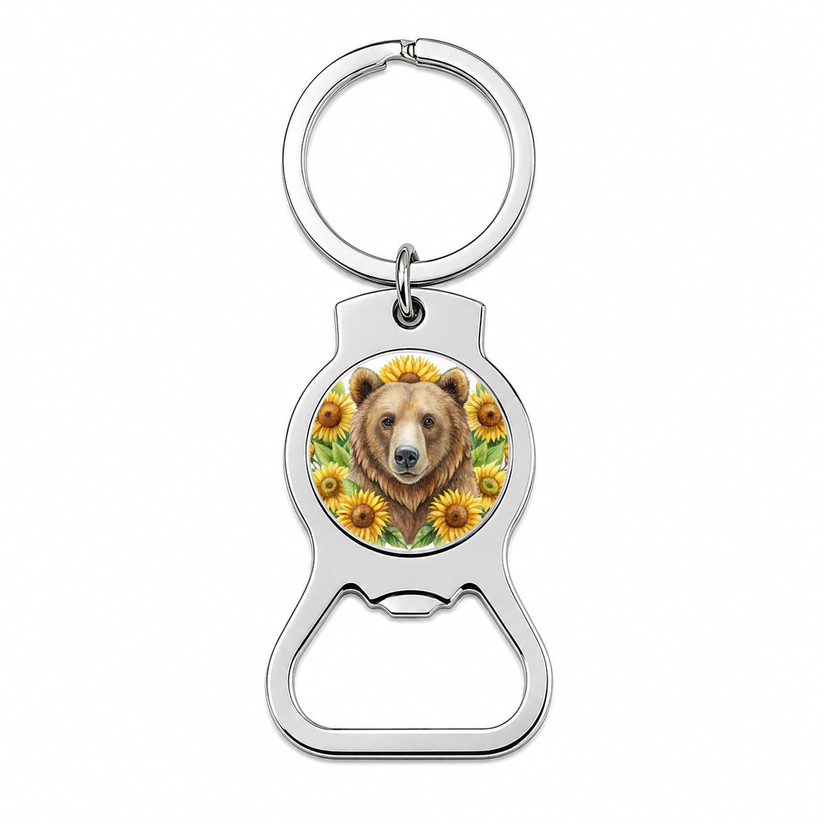 Brown Bear Watercolor Design With Sunflowers Bottle Opener Keychain