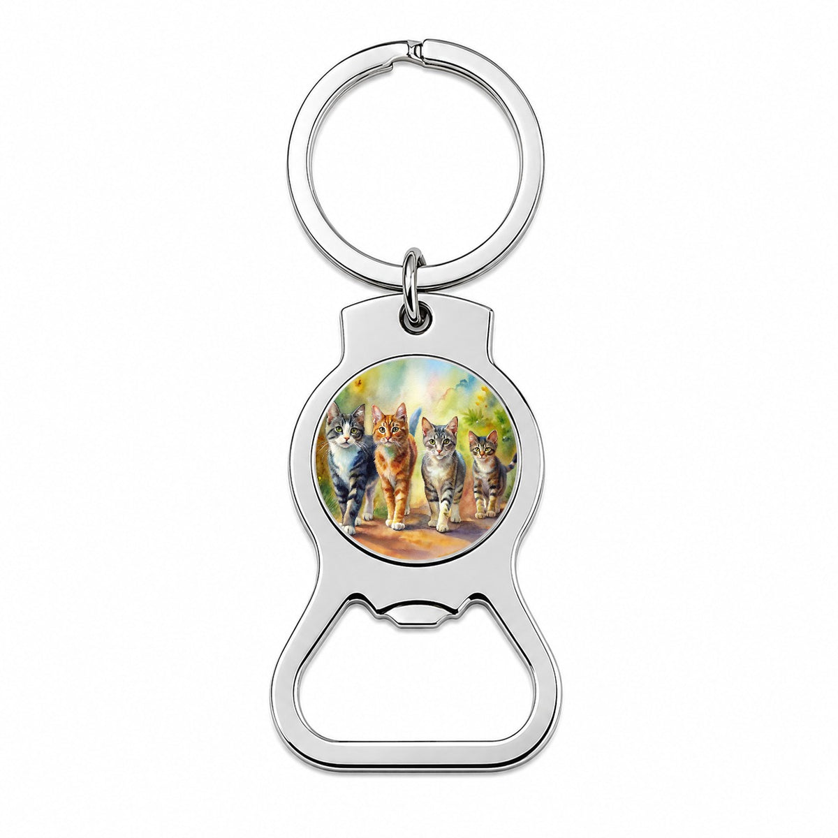 Cats Walking Watercolor Bottle Opener Keychain