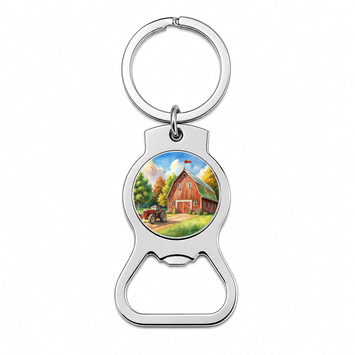 Classic Barn Tractor Watercolor Design Bottle Opener Keychain