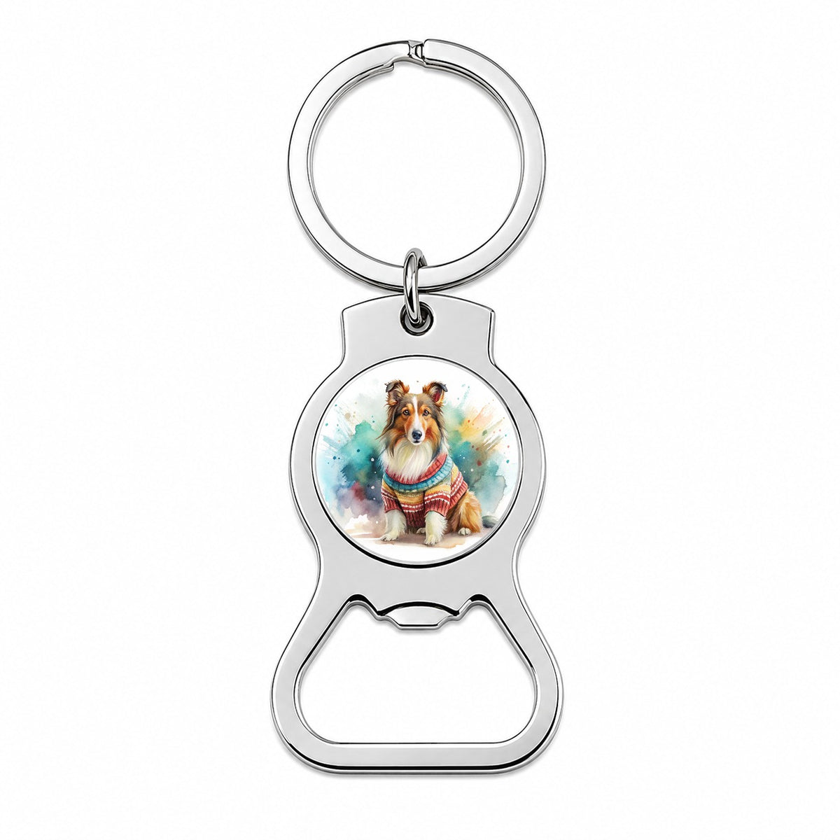 Collie Dog Wearing A Sweater Watercolor Bottle Opener Keychain