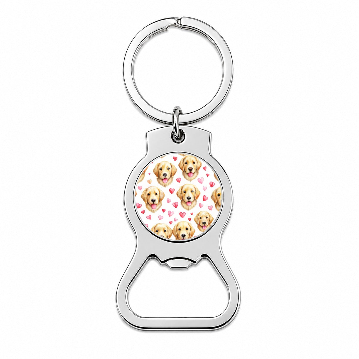 Cute Golden Retriever Dog Faces Hearts Bottle Opener Keychain