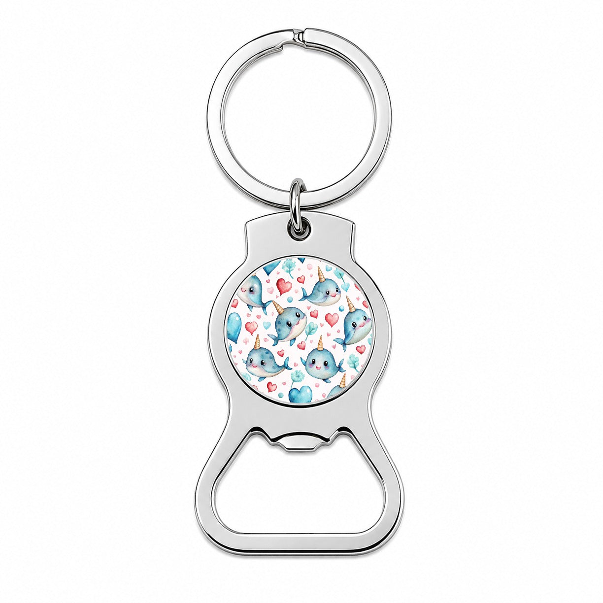 Cute Narwhals Hearts Watercolor Bottle Opener Keychain