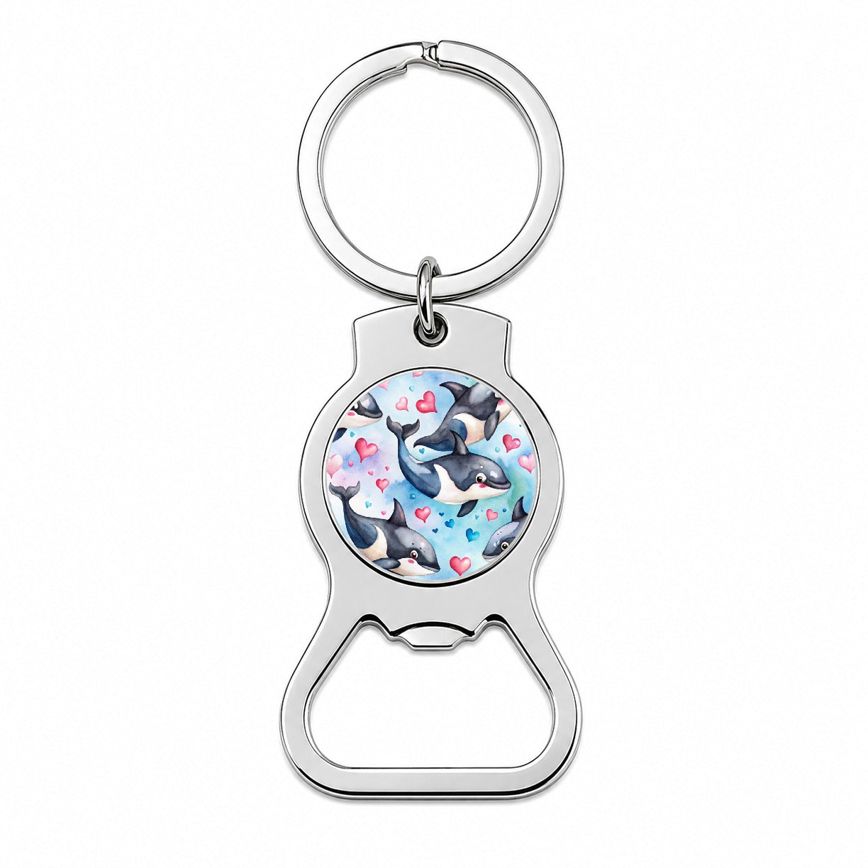 Cute Orcas Whales Hearts Watercolor Bottle Opener Keychain