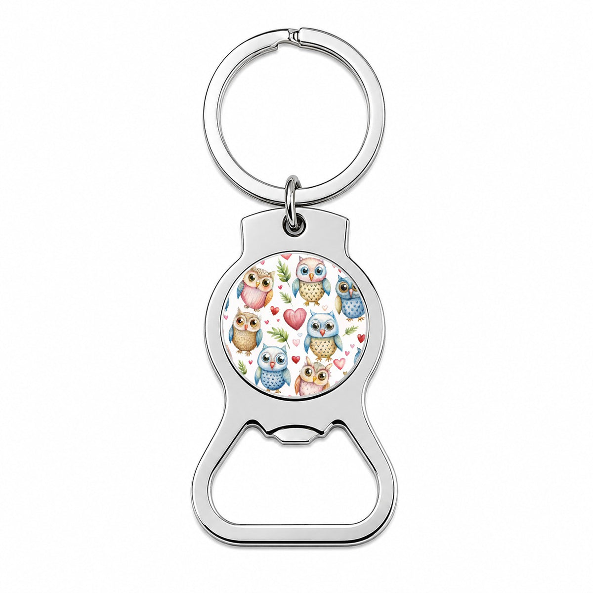 Cute Owls Hearts Watercolor Bottle Opener Keychain