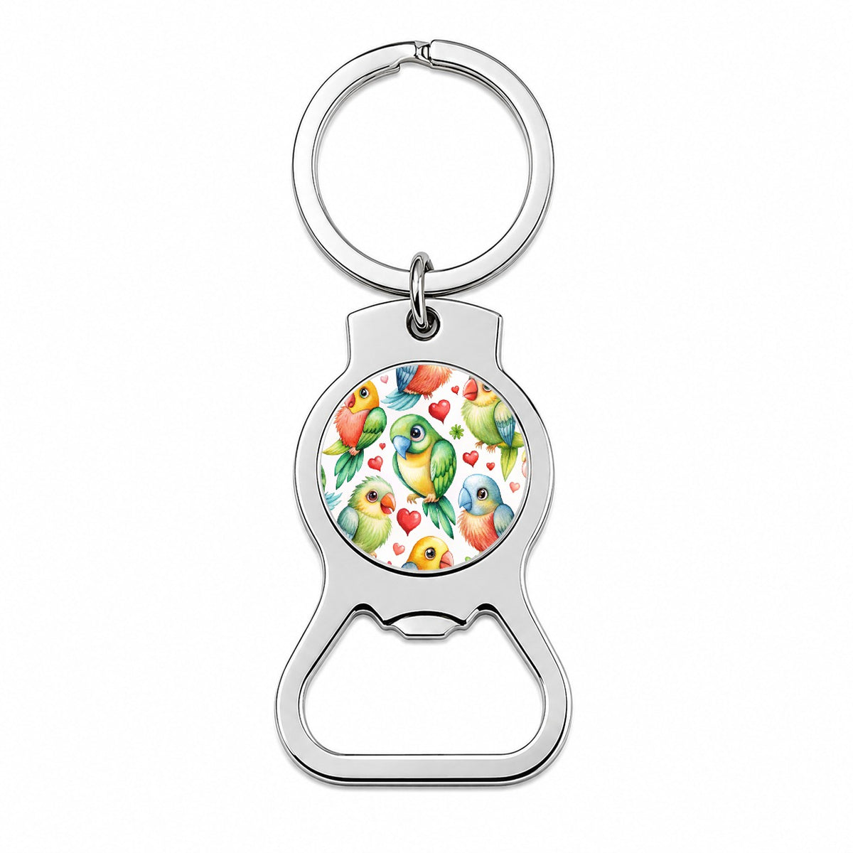 Cute Parrots Hearts Watercolor Bottle Opener Keychain