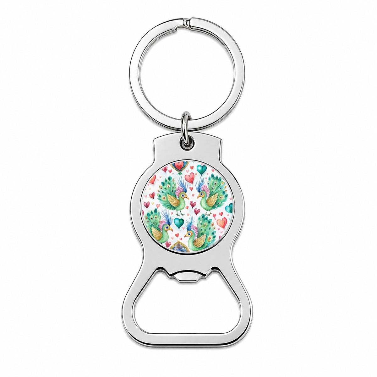 Cute Peacocks Hearts Watercolor Bottle Opener Keychain