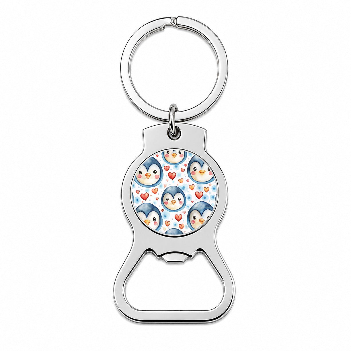 Cute Penguin Faces Hearts Watercolor Bottle Opener Keychain