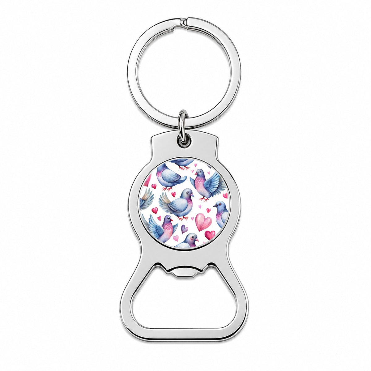 Cute Pigeons Hearts Watercolor Bottle Opener Keychain