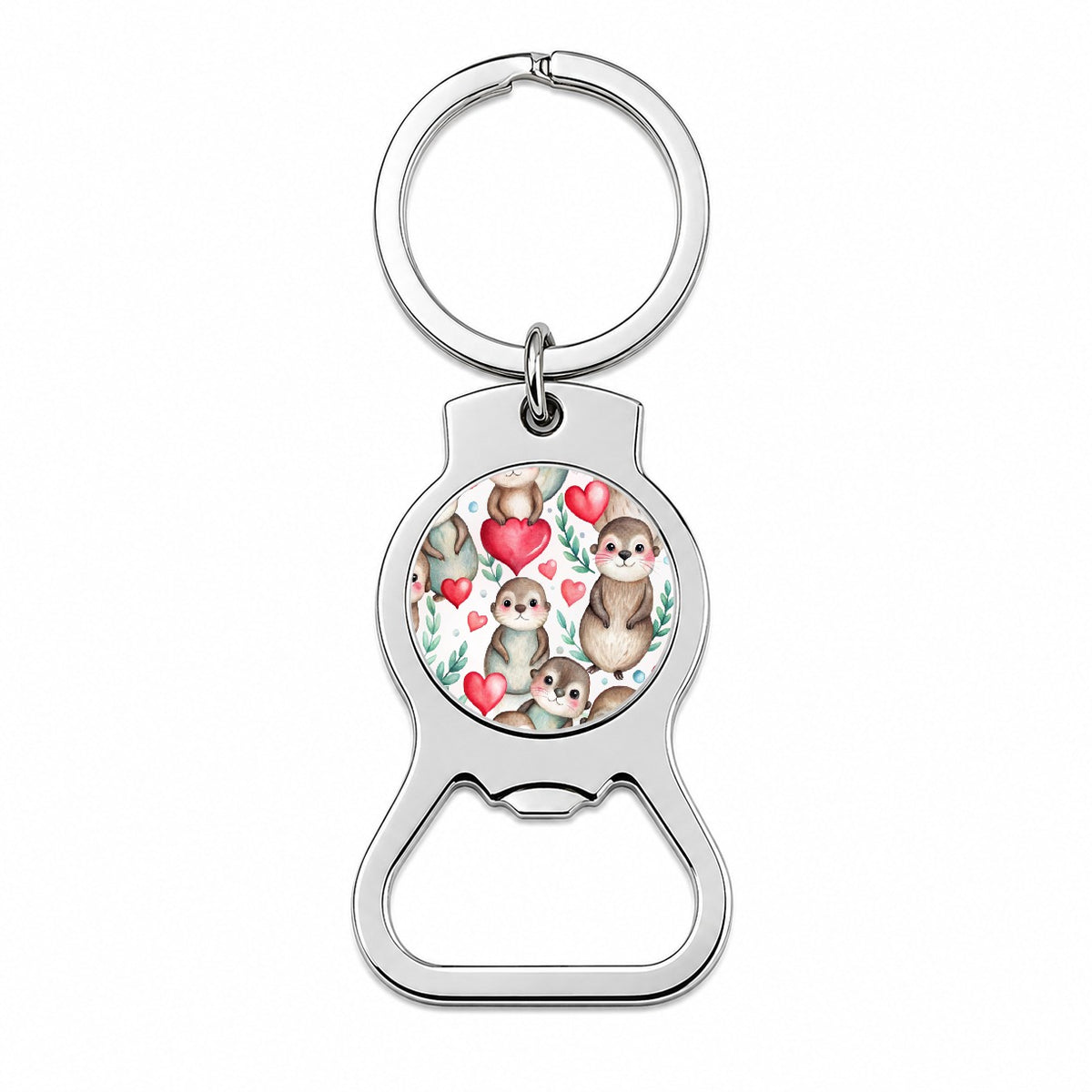 Cute River Otter Hearts Watercolor Bottle Opener Keychain