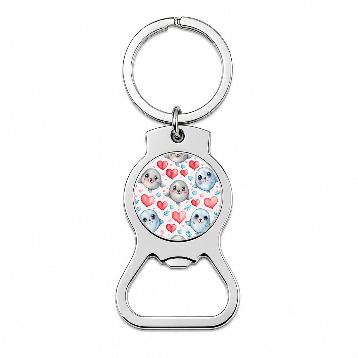 Cute Seals Hearts Watercolor Bottle Opener Keychain