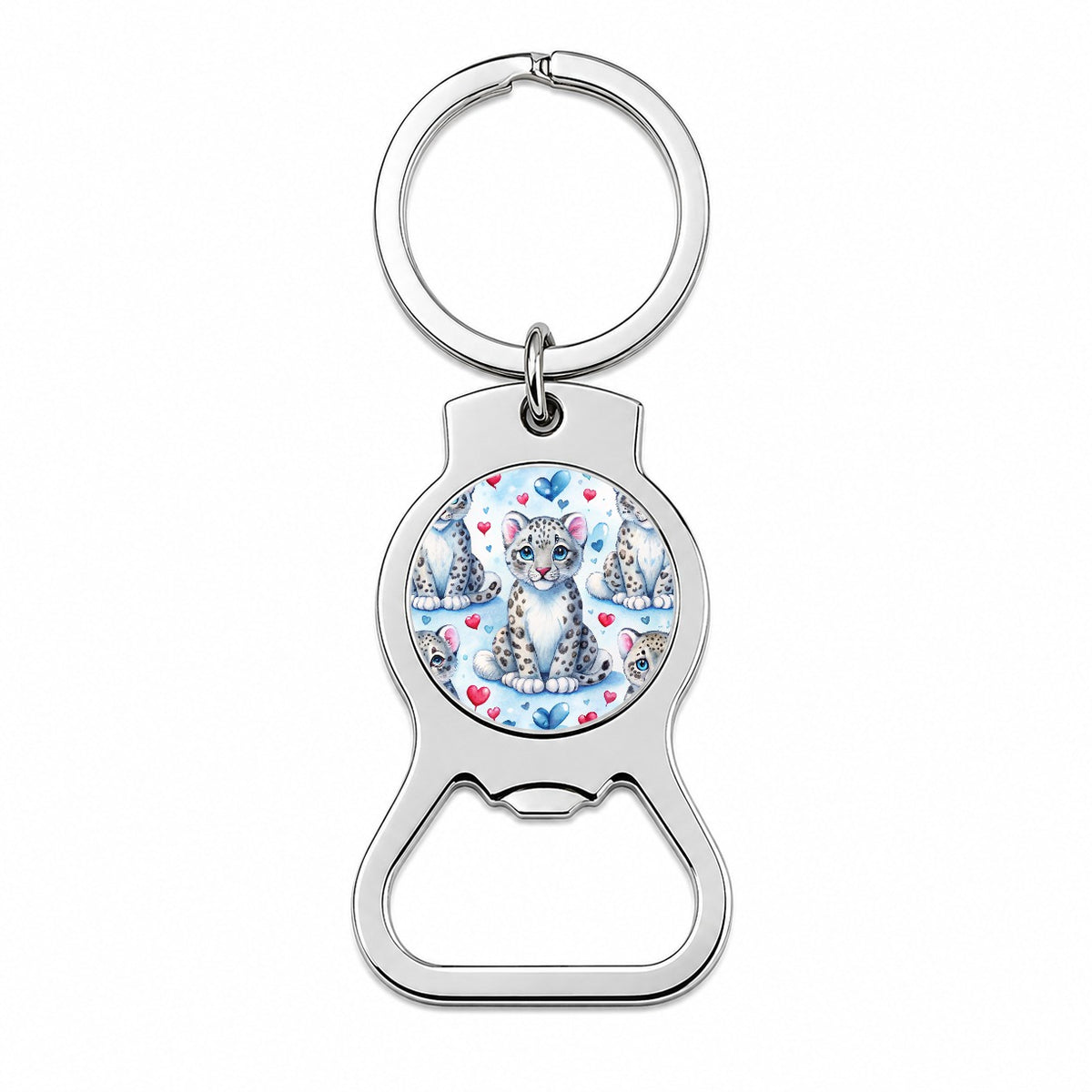 Cute Snow Leopard Hearts Watercolor Bottle Opener Keychain