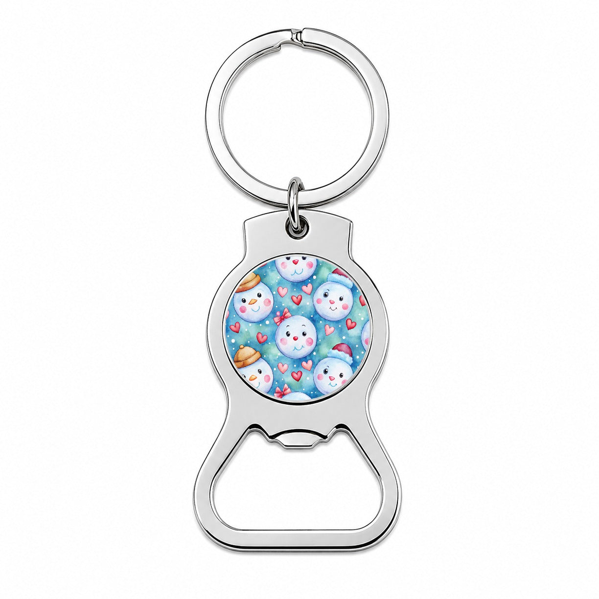 Cute Snowman Faces Hearts Winter Bottle Opener Keychain