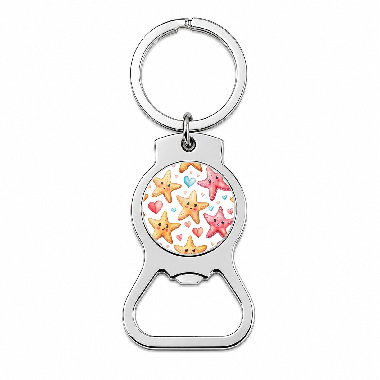 Cute Starfish Hearts Watercolor Bottle Opener Keychain